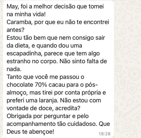 Print de WhatsApp: paciente diz que não sente falta de nada e agradece o acompanhamento cuidadoso