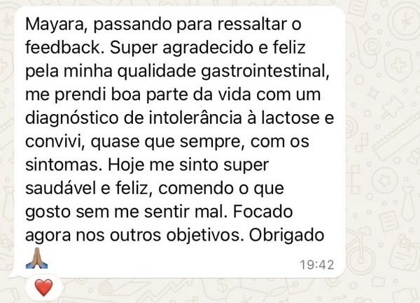 Print de WhatsApp: paciente relata melhora gastrointestinal e come o que gosta sem se sentir mal