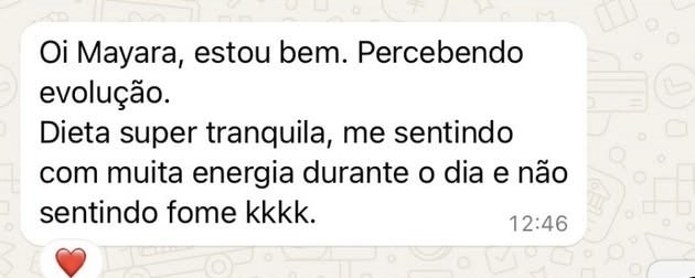 Print de WhatsApp: paciente relata dieta tranquila e muita energia durante o dia